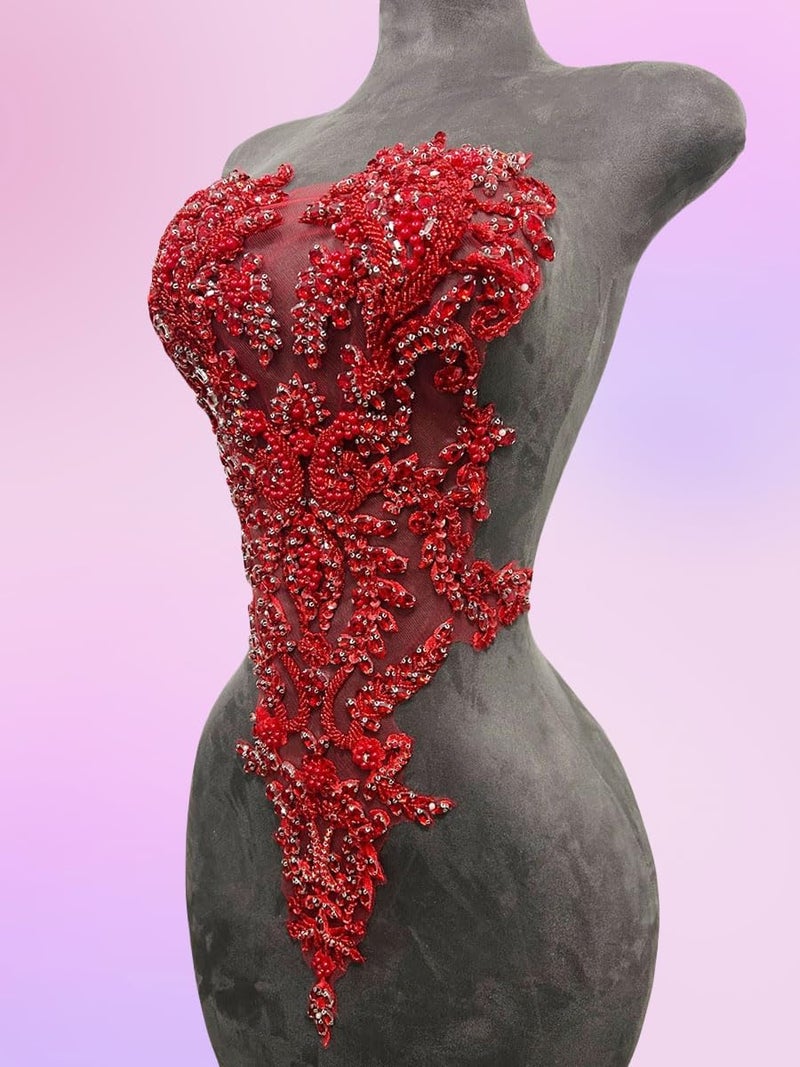 ArtistryXB تطبيقات دانتيل مزينة بالأحجار الكريمة اليدوية للخياطة مع خرز وخرز لملحقات الملابس 1 قطعة/كيس (أحمر) - Image 3